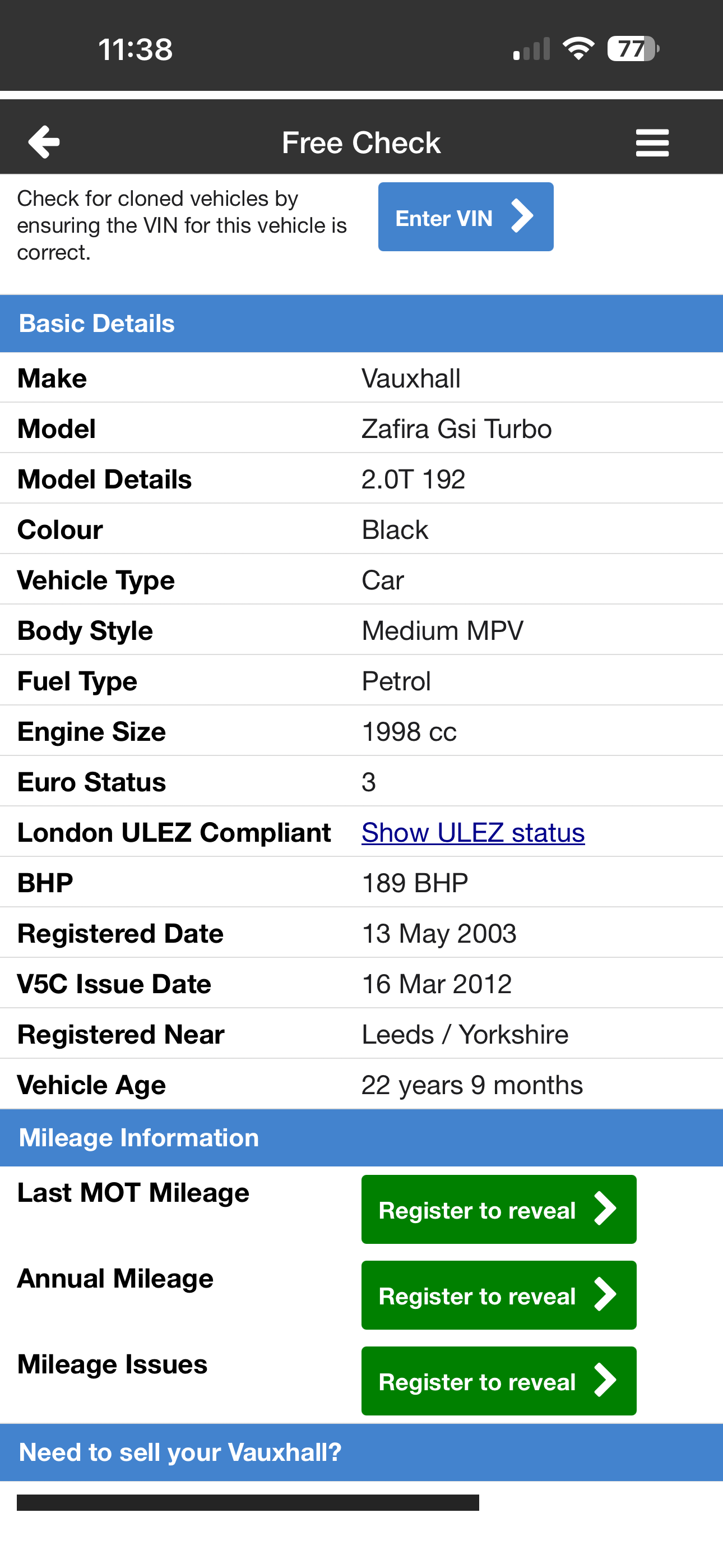 Used Vauxhall Zafira 2003 for sale - 77701381: Photo 9